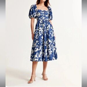 Blue and white abstract floral midi dress
